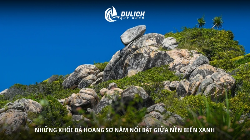 Những khối đá hoang sơ nằm nổi bật giữa nền biển xanh 