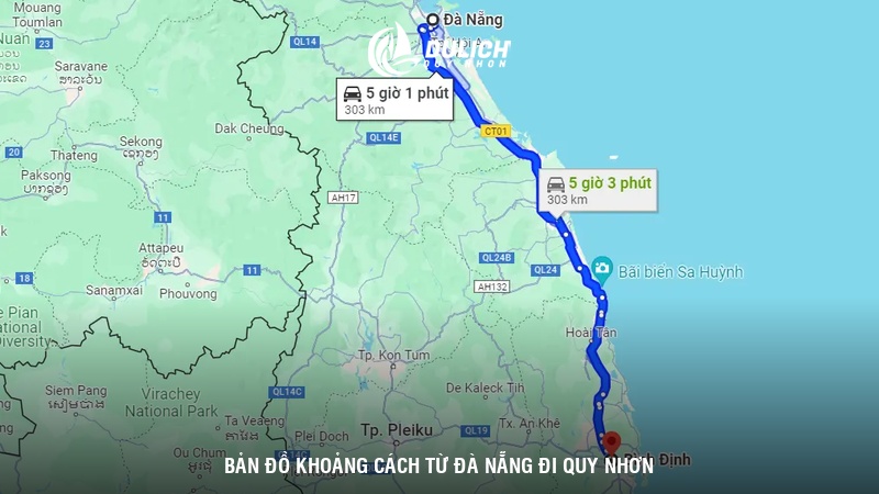Bản đồ khoảng cách từ Đà Nẵng đi Quy Nhơn
