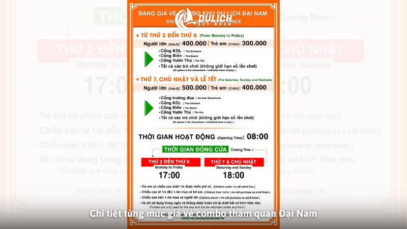 Chi tiết từng mức giá vé tham quan Đại Nam