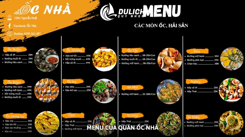 Menu của quán ốc Nhà